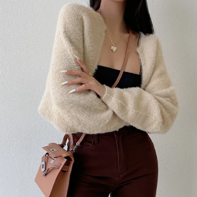 

Plush Knitted Cardigan Lantern Sleeve Women Cardigan Sweater Open Front Cropped Sweaters Knitwear Spring & Fall Women's Clothing