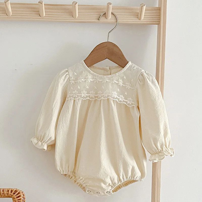 Summer Infant Baby Girls Jumpsuit Lace Collar Baby Girls Rompers Linen Cotton Long Sleeve Spring Baby Girls One-piece Clothes