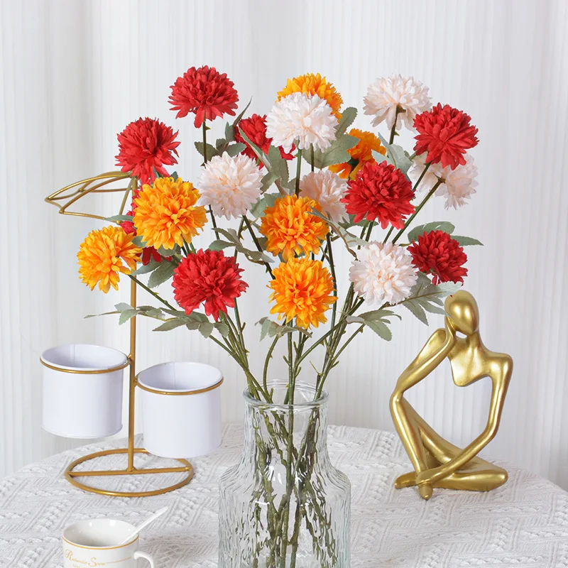 

3 headed chrysanthemum branch bouquet artificial flowers arrangement DIY wedding party home decoration prop simulation flower