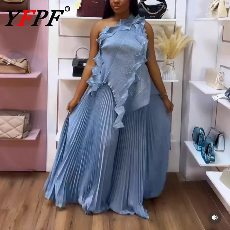 

YFPF Summer Pleated Fashion 2 Piece Set Women Irregular Design Belt Tops + Folds Wide Leg Trousers 2025 New Clothing 3A357