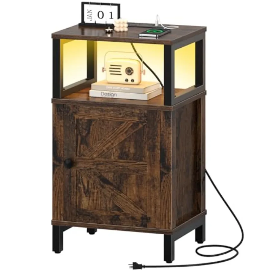 

Farmhouse NightStand with Charging Station Wood Night Stand End Table with USB Ports, LED Bed Side Table with Storage Cabinet B