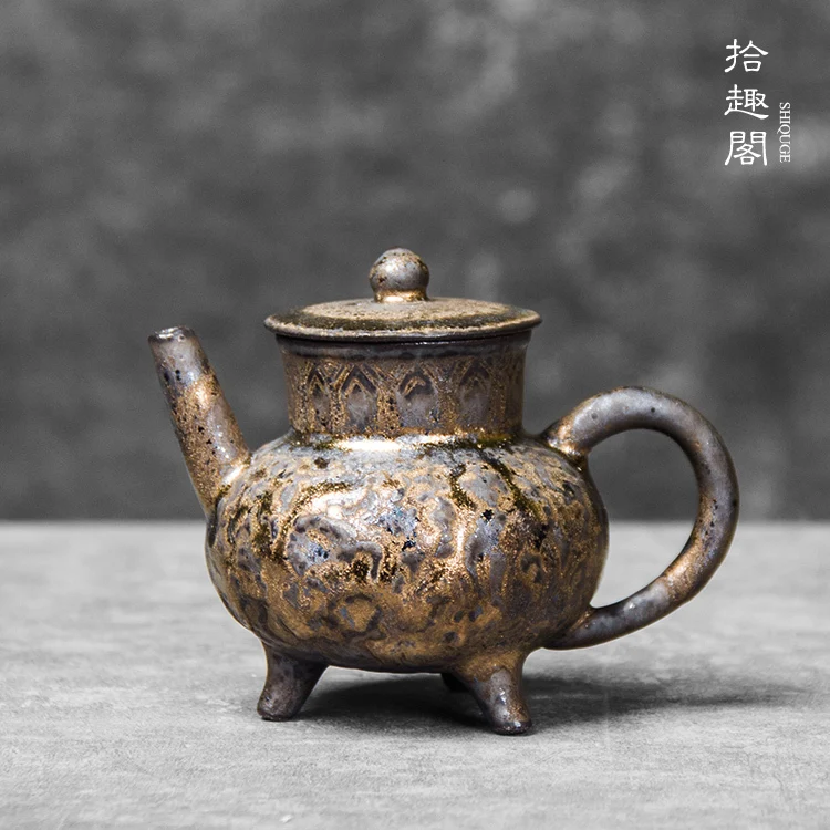 Handmade Wood Fired Teapot, Three Legged Coarse Pottery, Falg Gray Ceramic, Kung Fu Tea Set, Gilded Chinese Style