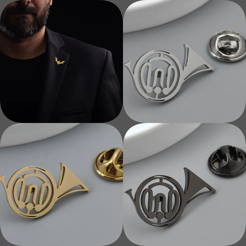 Instrument music trumpet gold-plated badge, men\'s collar brooch black, silver lapel pin, suit accessories set, branded men\'s gif