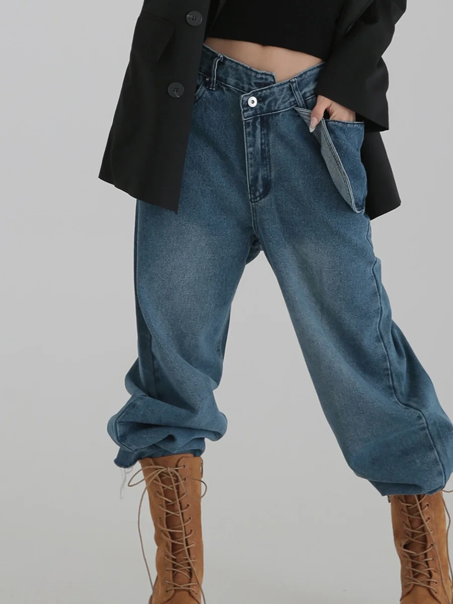 

Retro Waed Asymmetrical Splicing Denim Jeans High Waist Loose Straight Leg Long Trousers for Women Blue Denim Casual Pants