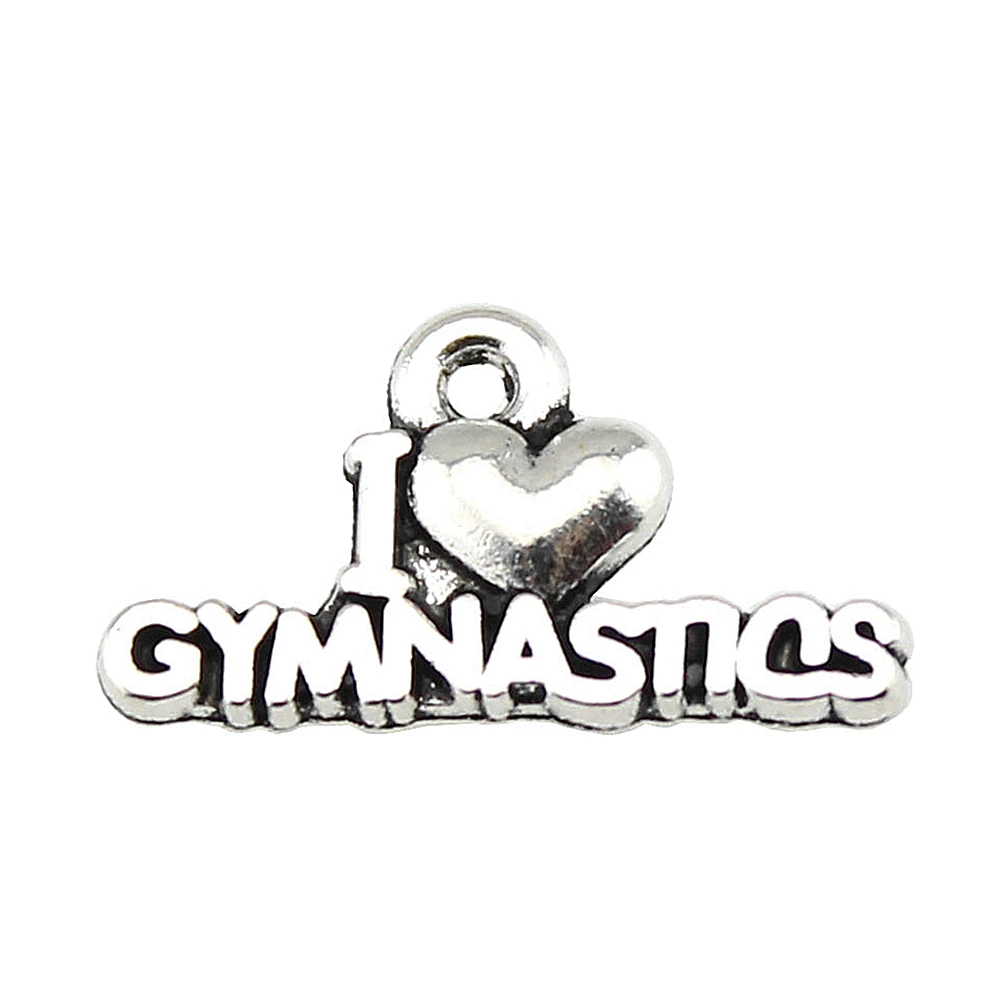 20pcs/lot 20x11mm I Heart Gymnastics Charms For Jewelry Making Antique Silver Color 0.79x0.43inch