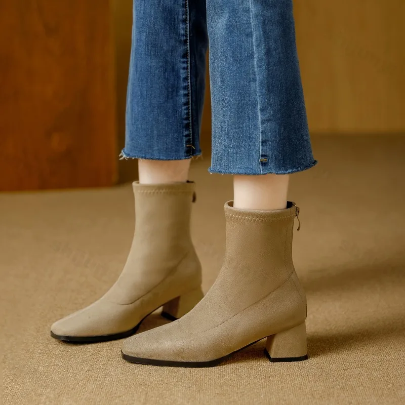 

High Quality Faux Suede Ankle Boots Women Fashion Square Toe Sewing Back Zipper Designer Boots Comfortable Wedges Fashion Boots