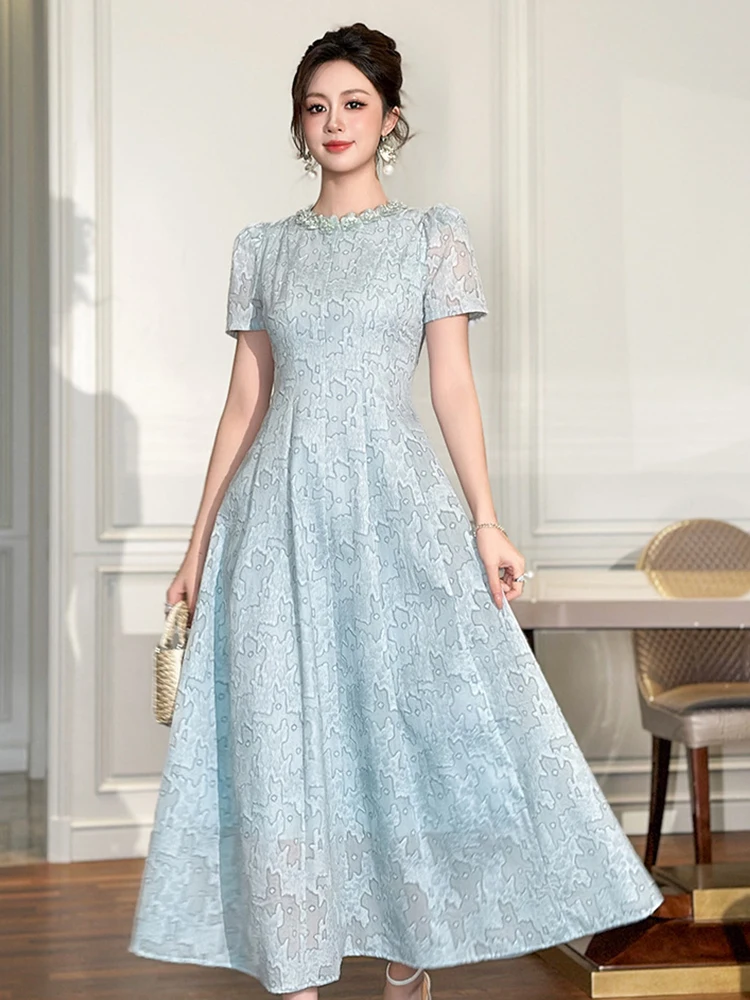 Women's Exquisite Elegant Party Dress Lady Pearl Flowers Trim Swing Long Robe Feminine Tea Party Vestido Prom Banquet Gown Femme