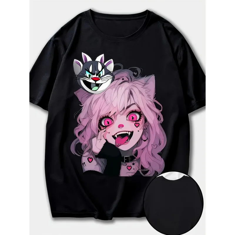 Camiseta estampada para mujer con manga corta, cuello redondo, Top informal, Anime, pelo rosa y expresiones ricas, camiseta estampada de Anime