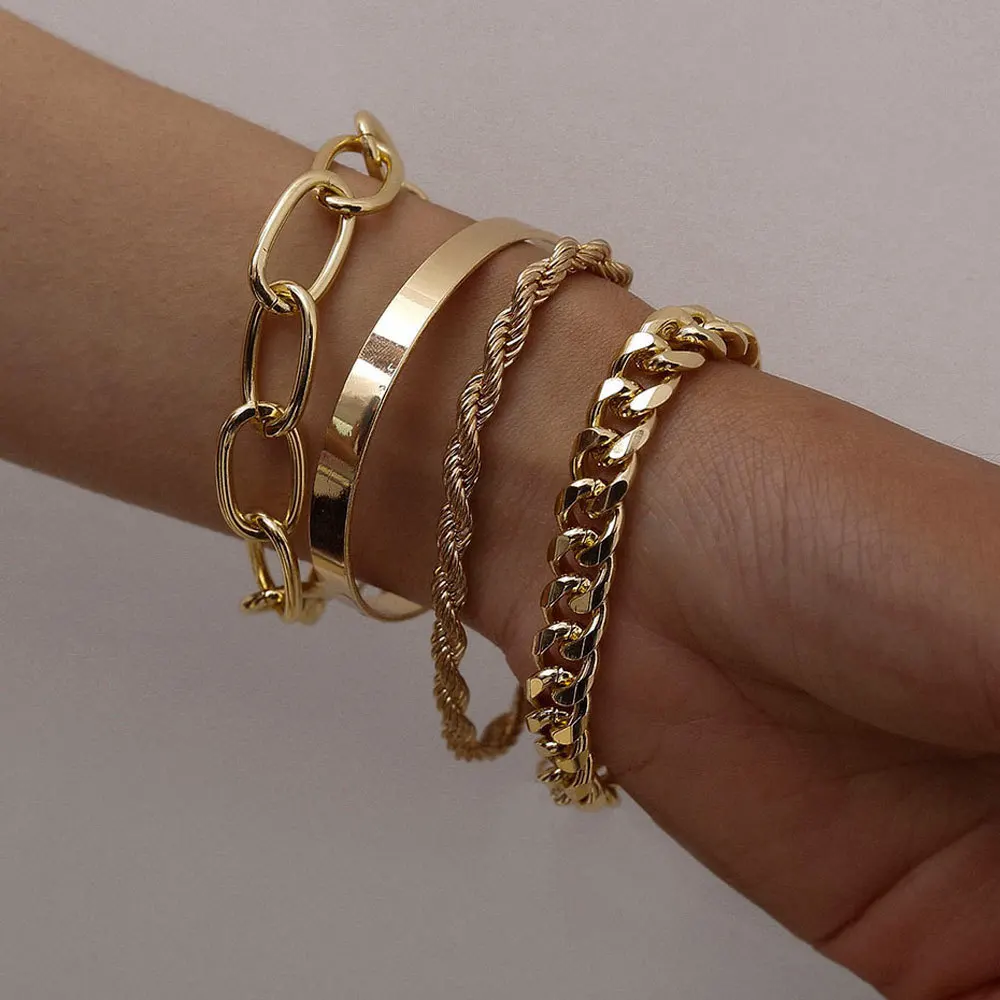 4Pcs Chunky Gold Stackable Bracelet Set, Paperclip Curb Twisted Chain & Smooth Bangle Minimal Layering Wrist Jewelry for Women