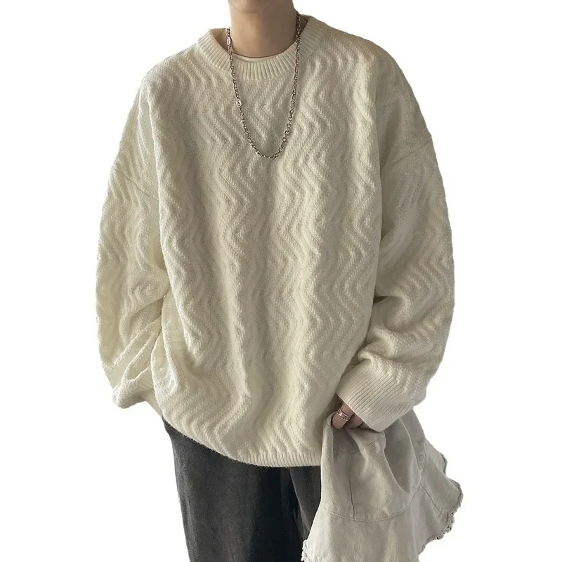 

Новые мужские вязаные пуловеры на плоской подошве, однотонный свитер с круглым вырезом, джемперы с длинными рукавами, свободные стандартные шерстяные легкая эластичная повседневная толстовка