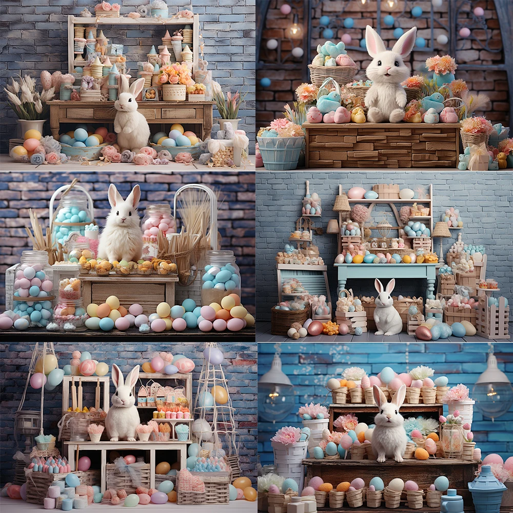 Spring Easter Photography Background Cute Rabbit Eggs Flowers Kids Birthday Cake Smash Portrait Decor Backdrop Photo Studio