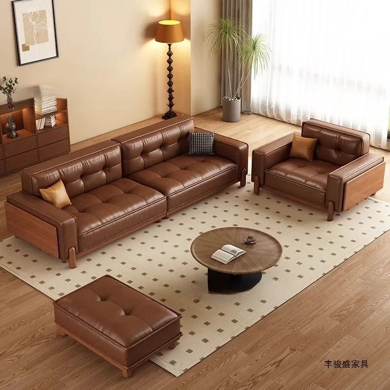 HYS retro style small and medium-sized first-floor sofa double light luxury walnut new Chinese straight row leather