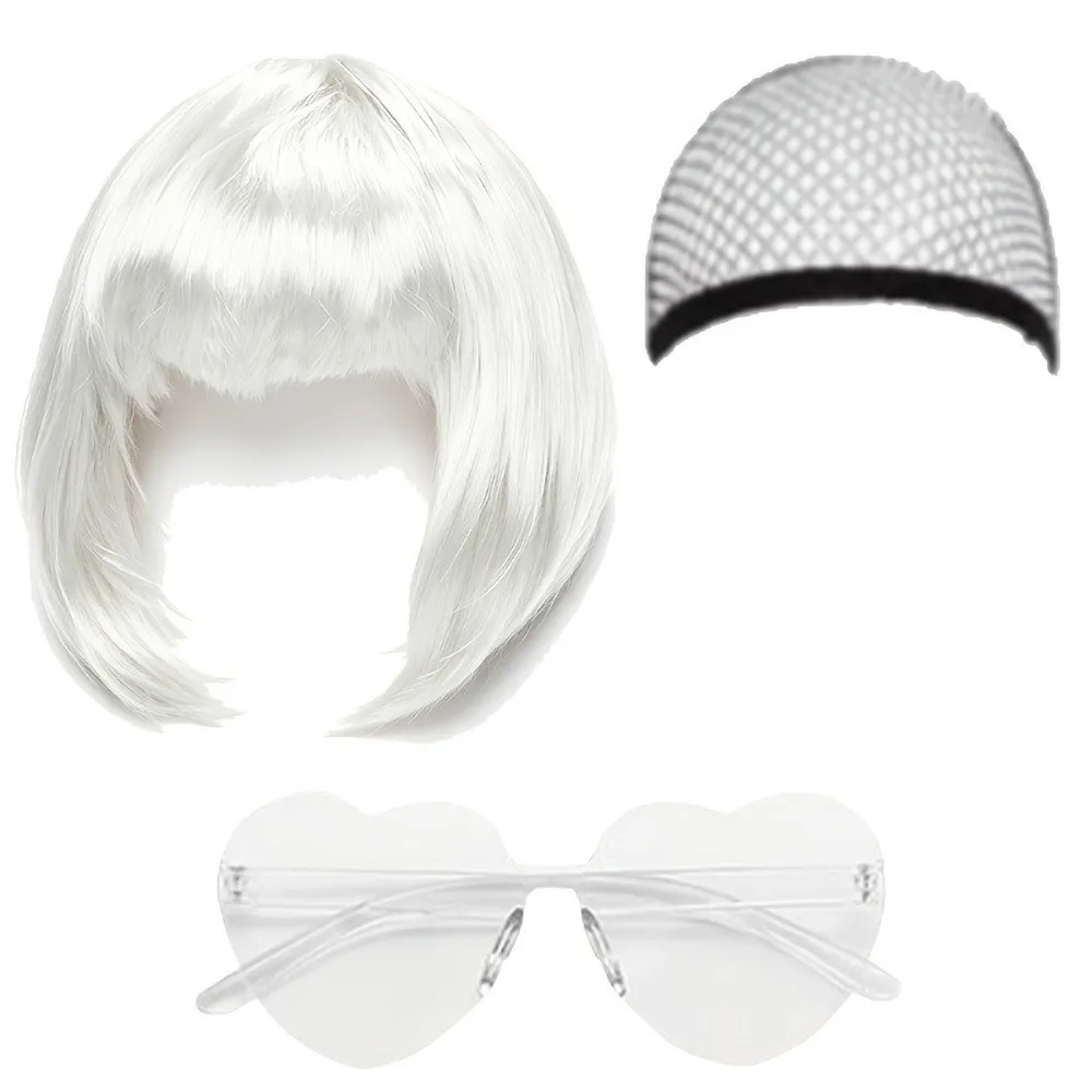 3 Stück bunte kurze Bob-Perücken, Weihnachts-, Halloween- und Cosplay-Perücken-Set für Partys, inklusive Haarnetz und Brille, kurze Perücke für Rollenspiele. – Detail 3