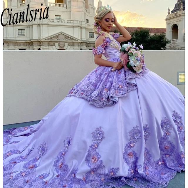 Lilac Princess Quinceanera Dresses Princess 3D Flowers Ball Gown Birthday Gown Tulle Lace Up Sweet 16 Dresses vestidos de 15 AliExpress