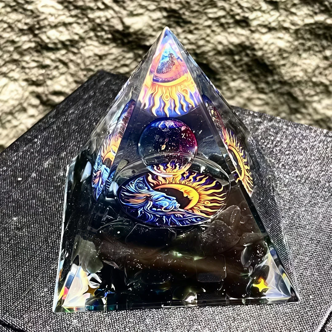 Interstellar Dream Pyramid. Boasting Sun, Moon and Star Patterns Paired with Shimmering Colorful Starlight, Home Decor or a Gift