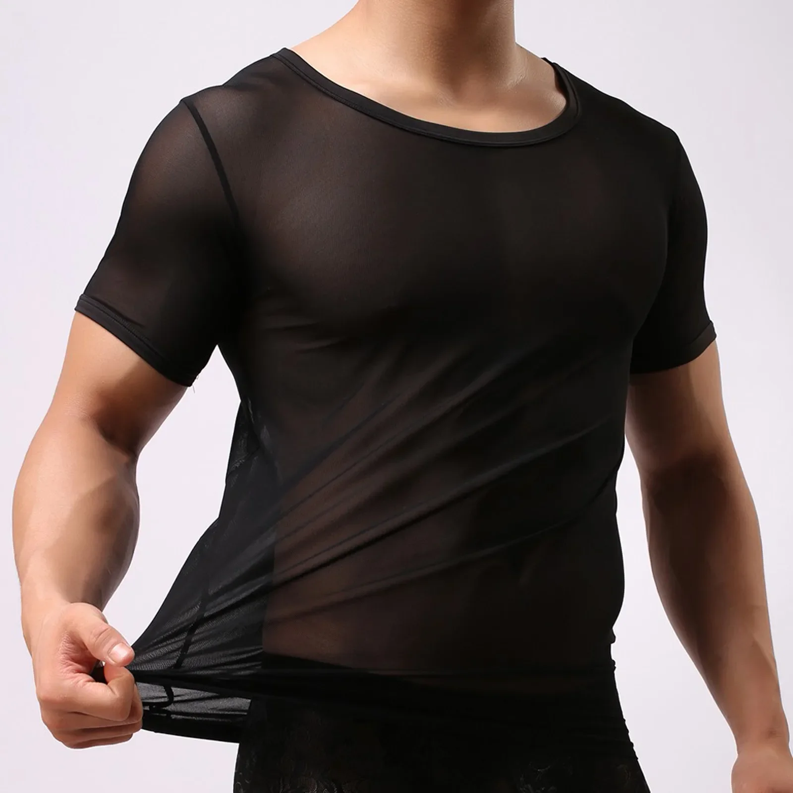 Camiseta transparente de manga larga para hombre, ropa interior Sexy de malla transparente, ajustada, negra/blanca