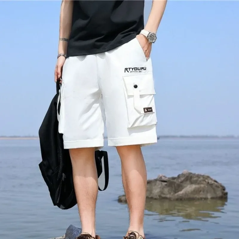 

Мужские короткие брюки с широкой длинной эластичной резинкой на талии, свободные мужские шорты-карго с завязками, однотонные бермуды с карманами, мешковатые новые из нейлона