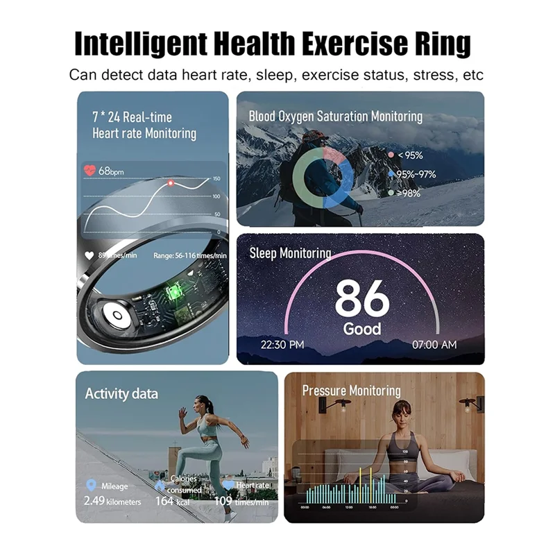 Smart Ring For Fitness Tracker With Heart Rate/Blood Oxygen/Blood/Pressure/Sleep/Pedometer Monitor For IOS (Size8)