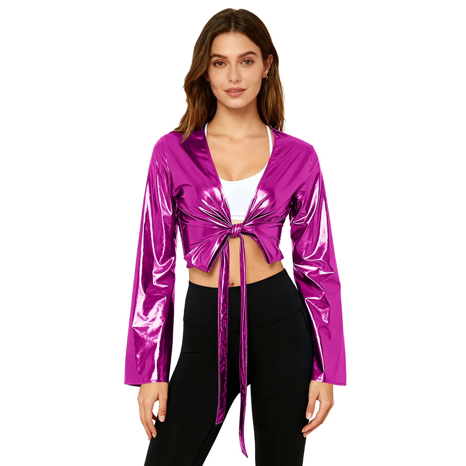 Womens Lace-Up Wrap Metallic T-shirt Tops Clubwear Long Flared Sleeves Crop Top Cover Up Workout Dance Costume Yoga Fitness