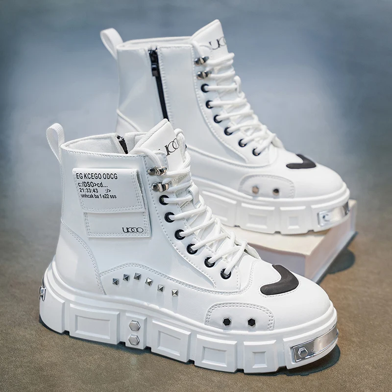 Men's street punk style solid color versatile motorcycle boots, unique metal rivet thick-soled height-increasing boots, lace-up side zipper trendy men's shoes, birthday gift, Christmas gift