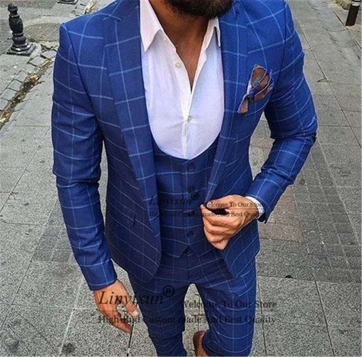 Royal Blue Plaid Check Men Suits Slim Fit Groom Wedding Tuxedos 3 Pieces Set Business Male Blazer Costume Homme (Jakcet+Vest+Pan