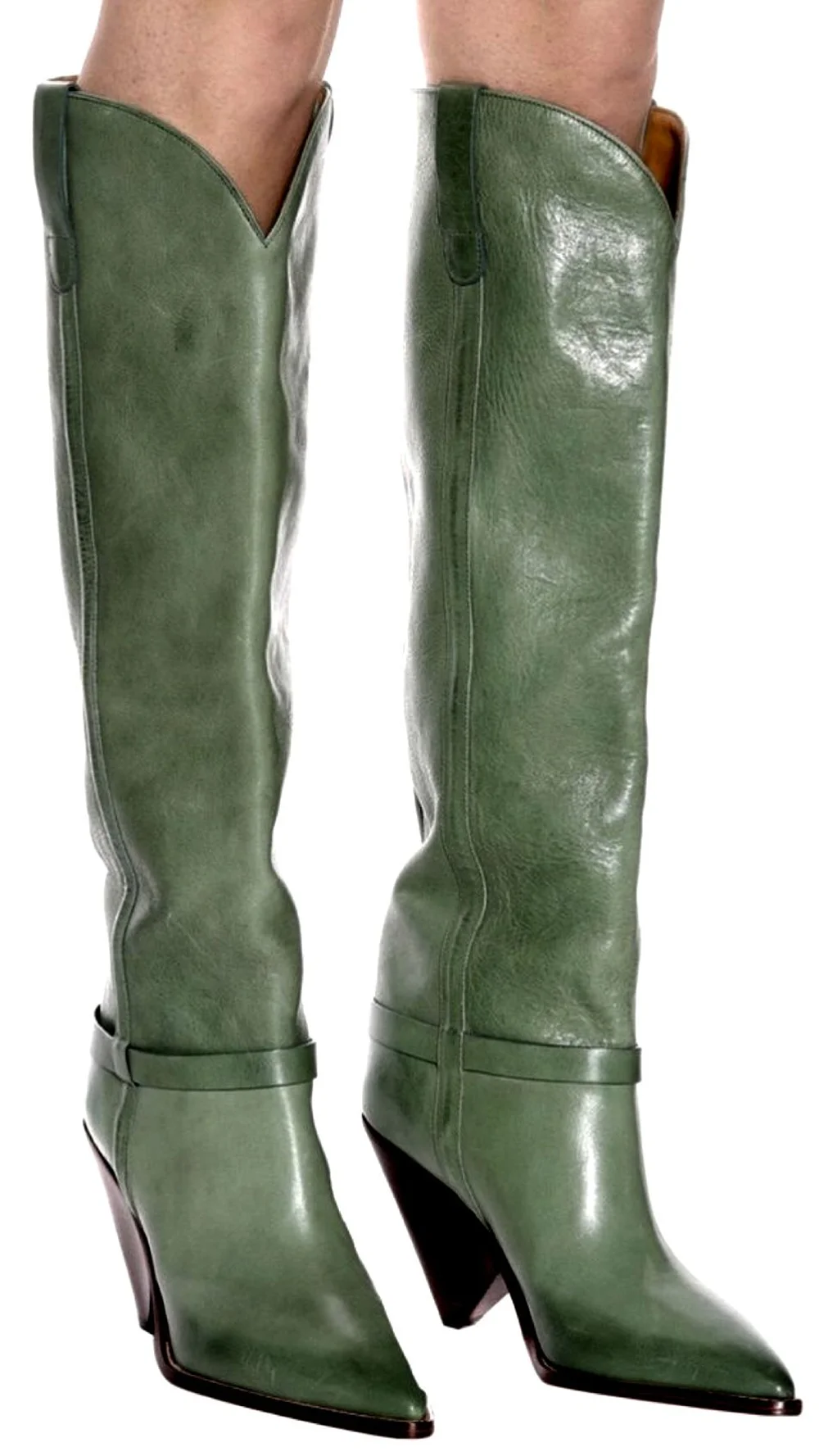 

Light Green Leather Knee-High Cowboy Boots Fashion Pointed Toe Western Wedge Heel V-shaped Shoe Opening Retro Elegant Style