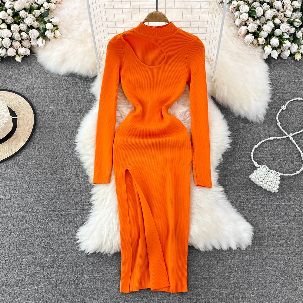 Women Chic Elegant Hollow Out Long Sleeve Split Bodycon Dress Sexy Fashion Knit Vestidos Elastic Slim Hip Wrap Sweater Dress