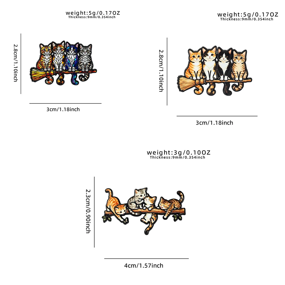 3Pcs Cute Cat Enamel Brooch Set Cartoon Kitten on Broomstick & Branch Pins Alloy Animal Badges for Clothing And Backpack Decor