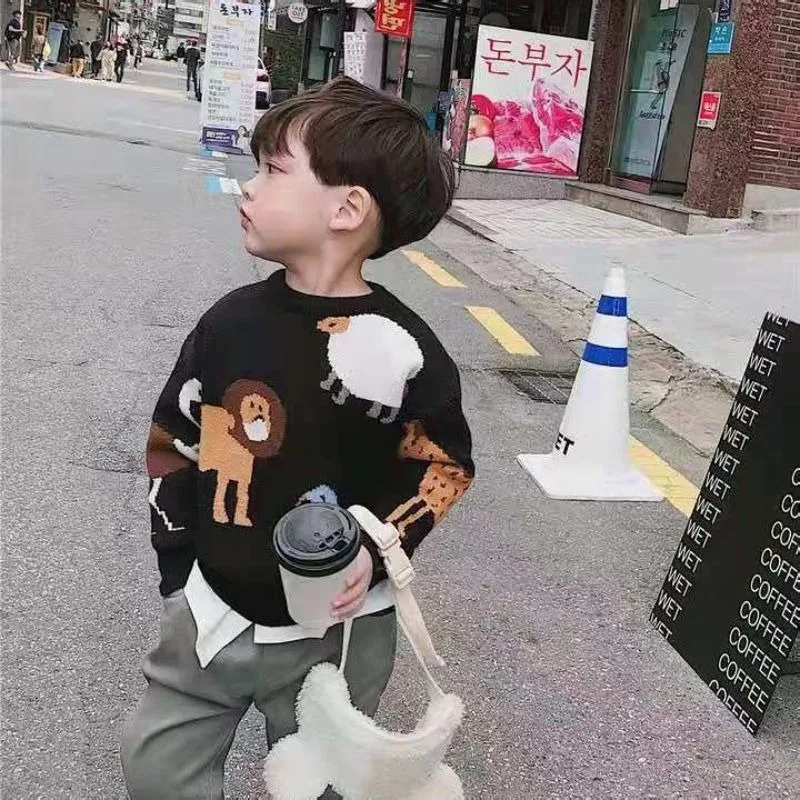 2025 New Boys Autumn Winter Fleece-Lined Thickened Cartoon Pullover Sweater Korean Style Knitwear Base Layer