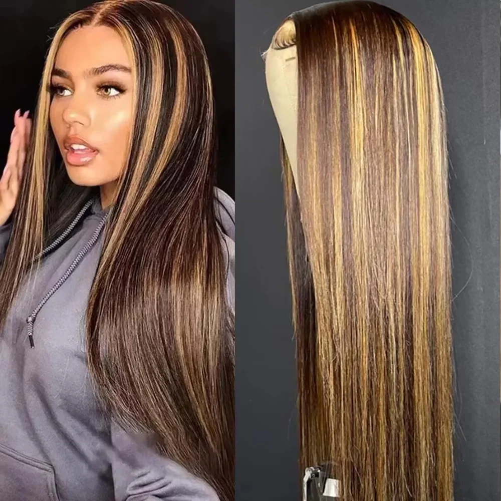 

P4/27 Highlight Straight HD Lace Frontal Wig P4/27 Colored Straight HD Transparent Lace Pre Plucked 200 Density For Women