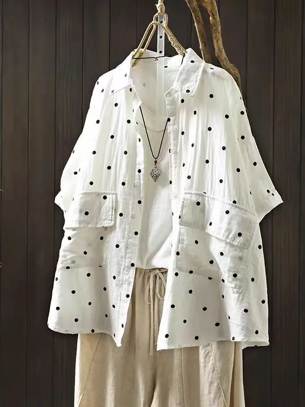 

Summer 2025 Cotton Linen Shirt with Big Pockets Polka Dot Print Casual Loose Fit Short Sleeve Women's plus Size Artistic Style