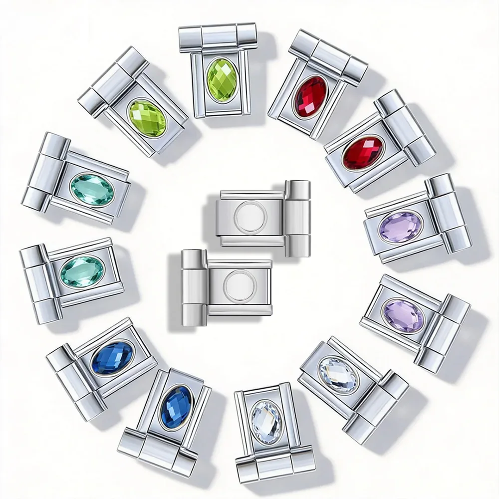 GEMOSA 9mm DIY Olivgrün Blau Rot Lila Ovaler Zirkonia Italienischer Edelstahl Charm-Link Uhrenarmband-Verbinder Schmuckherstellung – Detail 1