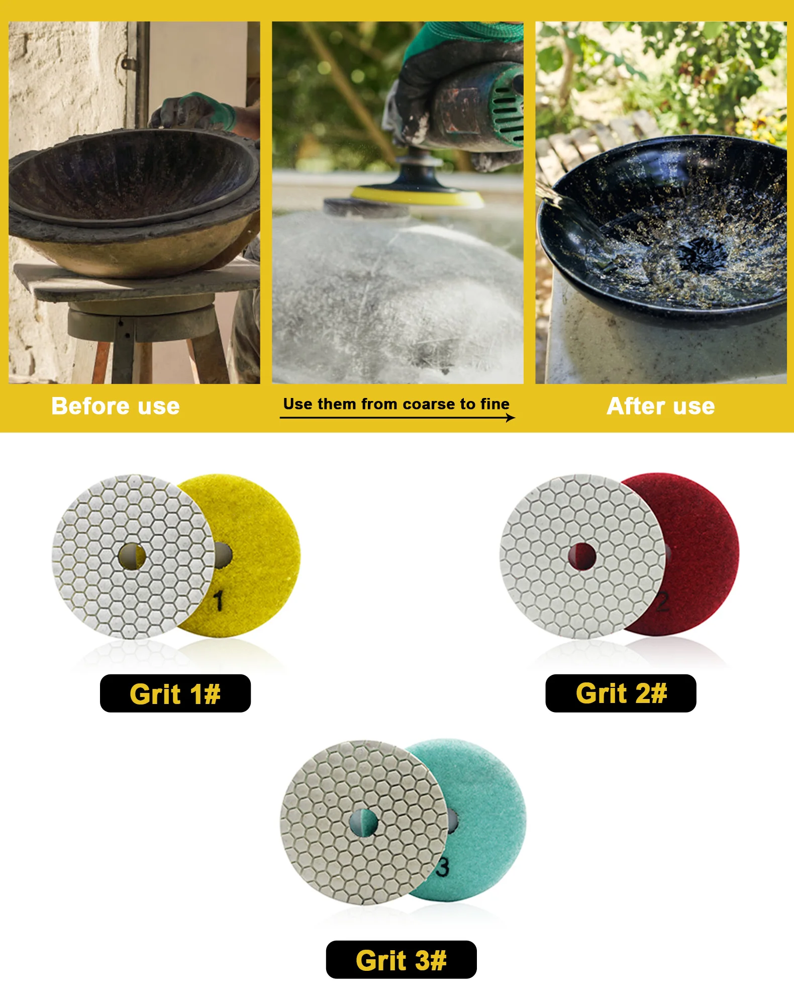 3Pcs/Lot 100mm/4" Diamond Dry Polishing Pads 3 Step Granite Marble Sanding Disc For Granite Marble Diamond Dry Grinding Disc