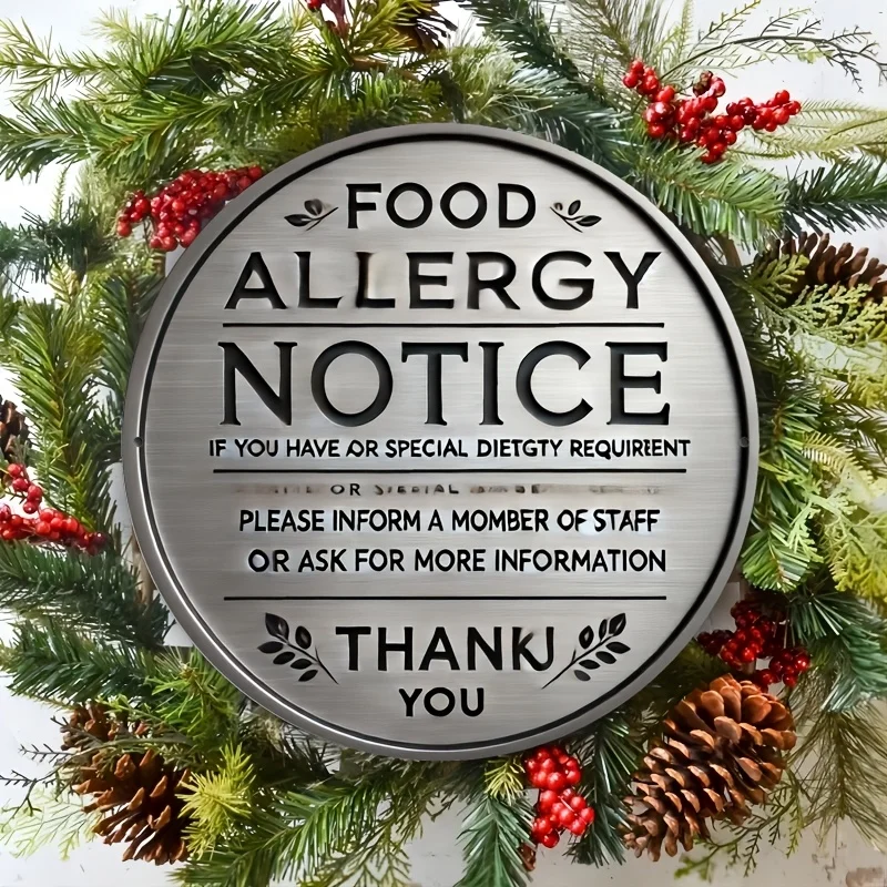 2D Flat, 2D Wall Art-Food Allergy Warning Sign-Retro Round Logo Tin Metal Sign Novelty Garage Bar Kitchen Rules Humorous Wall De