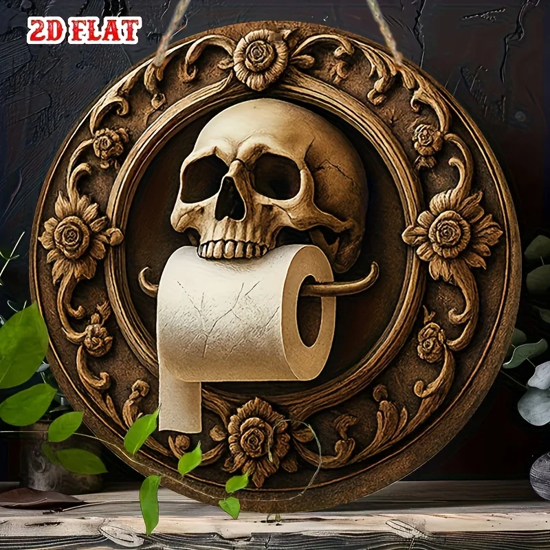 2D Flat Wooden Decor 1pc - Gothic Style Skull Floral Wooden Wall Hanging Sign - Country Style Round Sign, Deep Aesthetic Decor,
