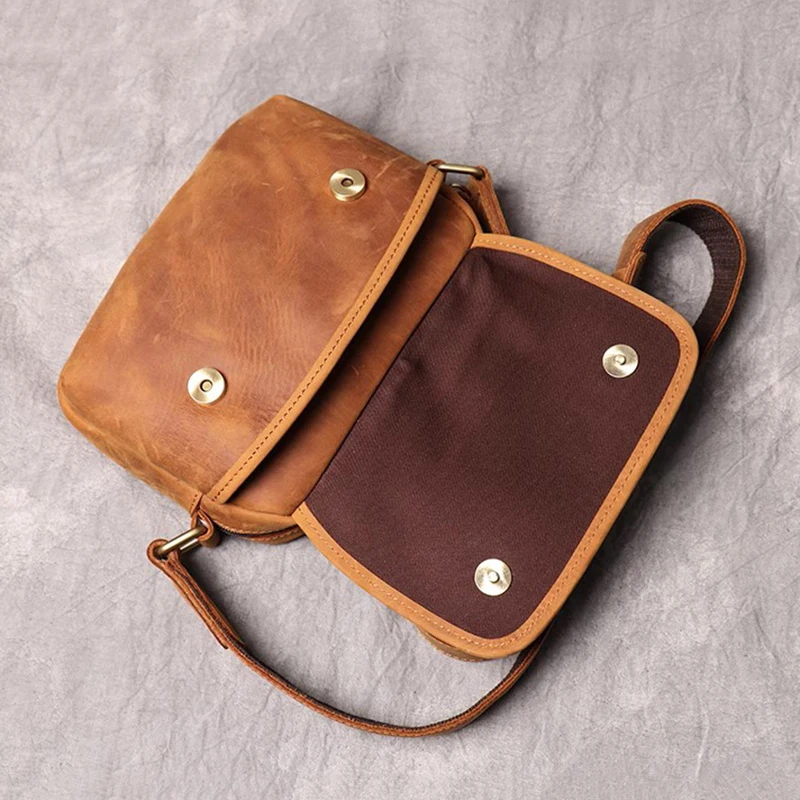 Real Leather Men\'s Shoulder Bag Vintage Daily Zipper Flap Phone Bag Man Simple Bag Crazy Horse Leather Retro Sling Ba