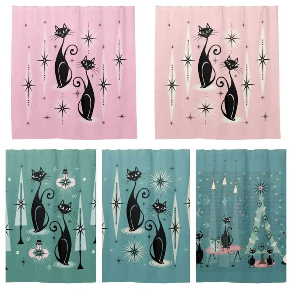 Retro Atomic Cat Mid-Century Cat Family Holiday  Shower Curtain Bathroom Curtain with Hook Bathroom Curtain