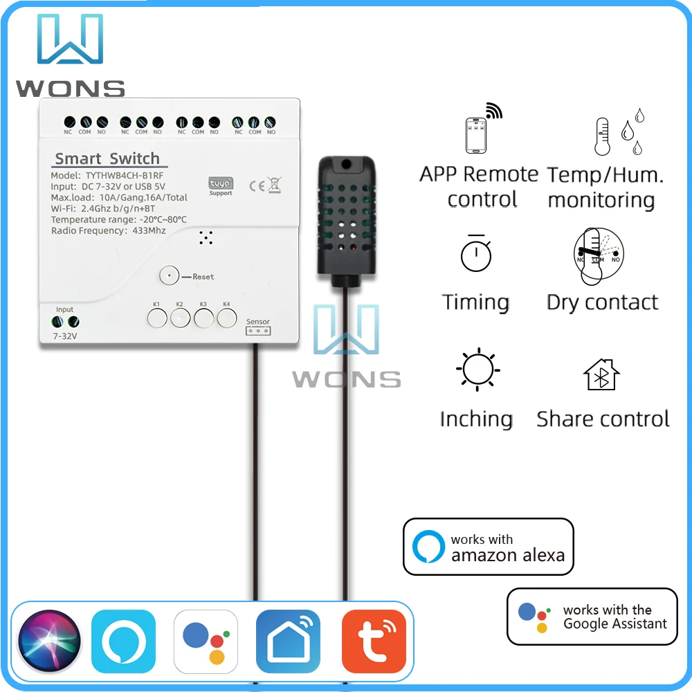 

Tuya Smart WiFi 4 Channel Relay With Temperature Humidity Sensor Passive Dry Contact Switch DC 7-32V Alexa Alice Compatible