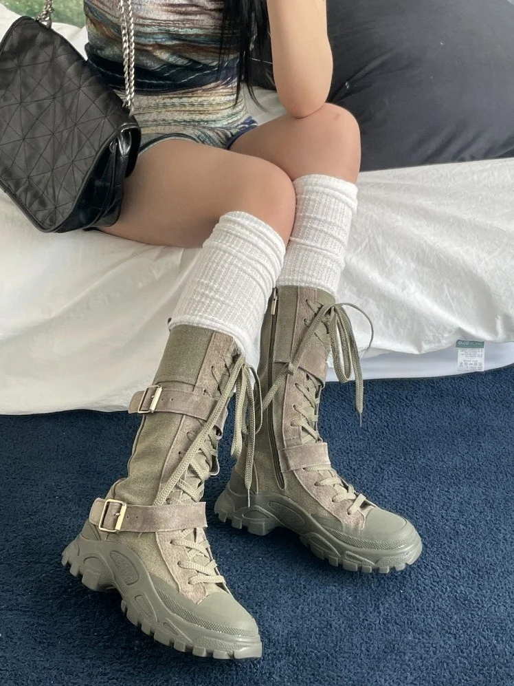 

Street Sle Retro Workwear Boots with Side Zipper And Laces Cool And Spicy Girl Motorcycle Boots Medium Heel round Toe