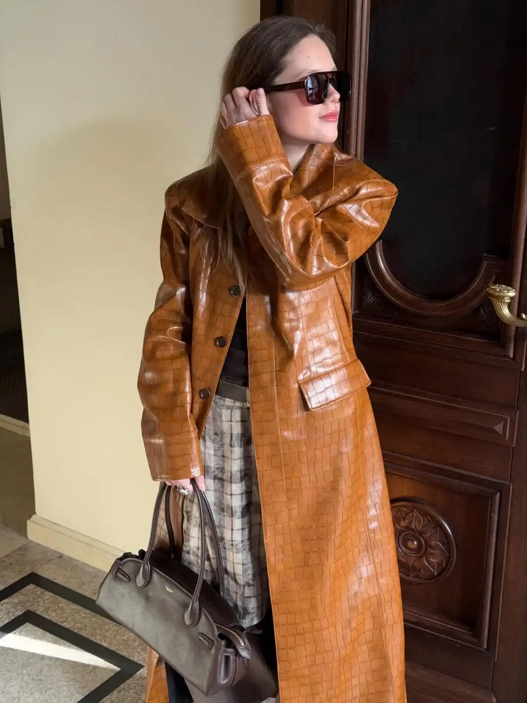 Solid Croc Embossed Faux Leather Long Trench Coat Lapel Single Breasted Straight Long Front Pockets Women Vintage Autumn Winter