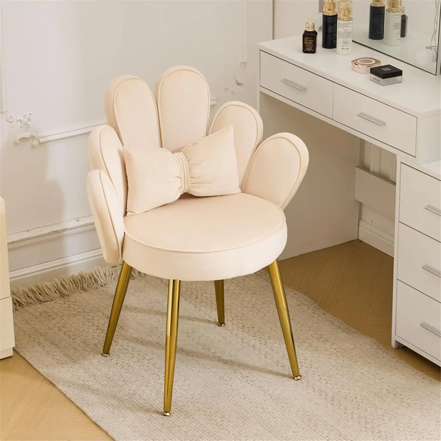 Petal Makeup Vanity Chair with Back,Flower Cute Girls Desk Chair Comfy No Wheels,Modern Dining Chair,Small Accent Chair