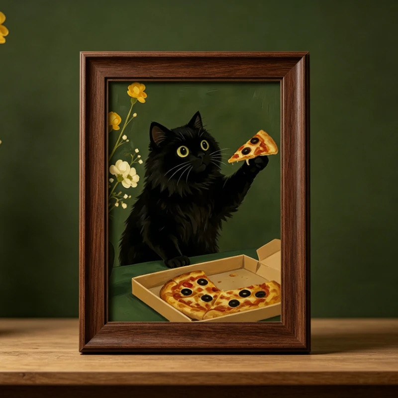 Lustiger Kunstdruck mit schwarzer Katze, die Pizza isst, gerahmte Wanddekoration für Küche, Wohnzimmer, Schlafzimmer, kreatives Geschenk für Zuhause