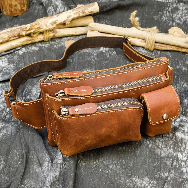 Man Genuine Leather Waist Bag Fanny Pack Fashion Chest Box Outdoor Sports Crossbody Bag Travel Male Belt Bag Hip Waist Packs