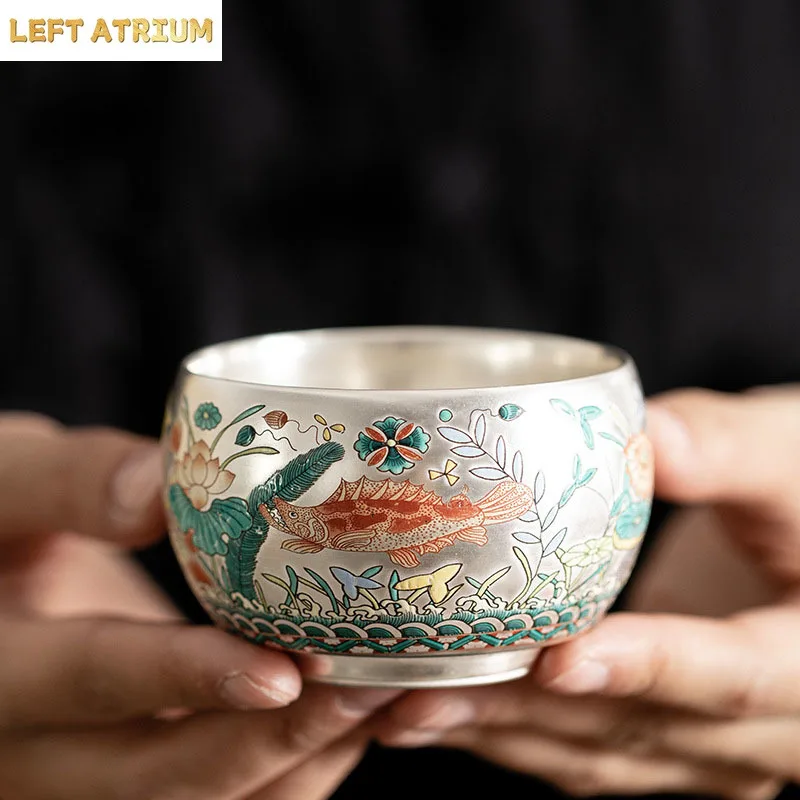 Chinese Style Tea Cup Set, Fish and Algae Pattern, Silver Gilded Master Ceramic Cups, Personal Cup, Savoring Single Kung Fu, Mug