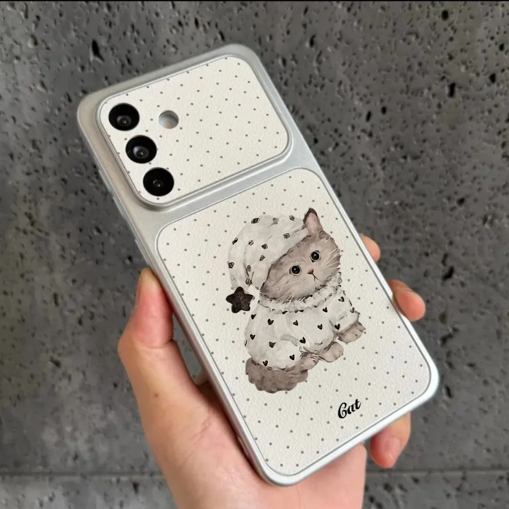 Pajama Kitten Faux Leather-Textured Phone Case for Samsung S26 Ultra A56 A36 S25 Ultra S25 A57 A18 Silver Edges and a Lanyard