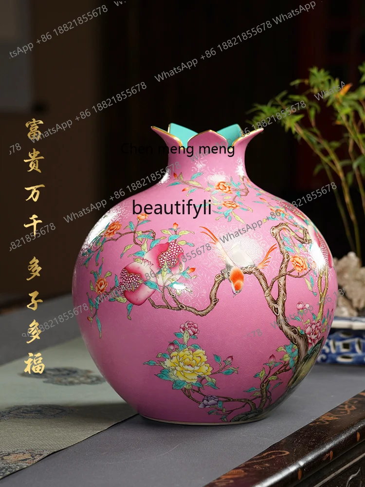 X JingdezhenCeramic Vase HandDrawnFlowers and Birds Pattern PomegranateBottle Chinese Style Ornament Decoration Office Living Ro