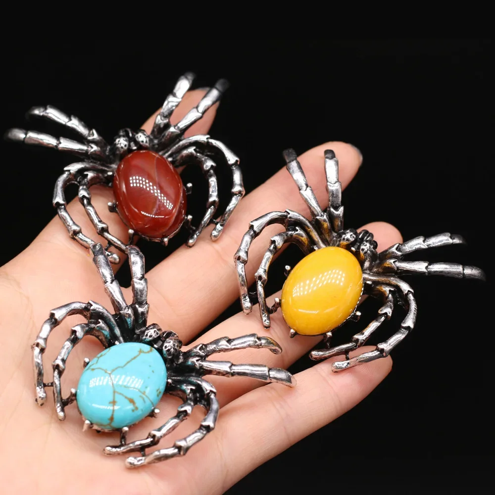 1PC Spider Natural Stone Opal Crystal Shell Alloy Brooch Pendant DIY Made Necklace Clothing Accessories Gift