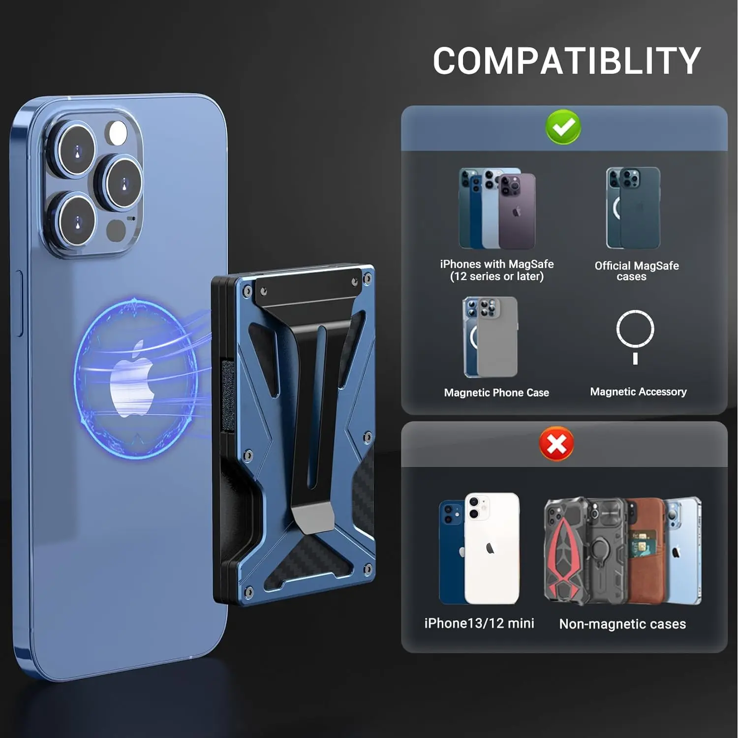 MagSafe Wallet Money Clip with AirTag Holder And 1 Magnetic Sheet Compatible with Magnetic & Non-Magnetic Phones