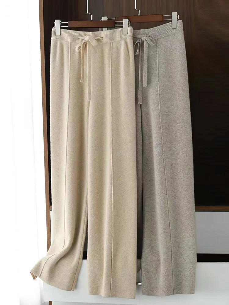 

Women Wool Pants New Winter Soft Waxy Comfortable High-Waist Cashmere Knitted Trousers Female Solid Color Casual Wide Leg Pants