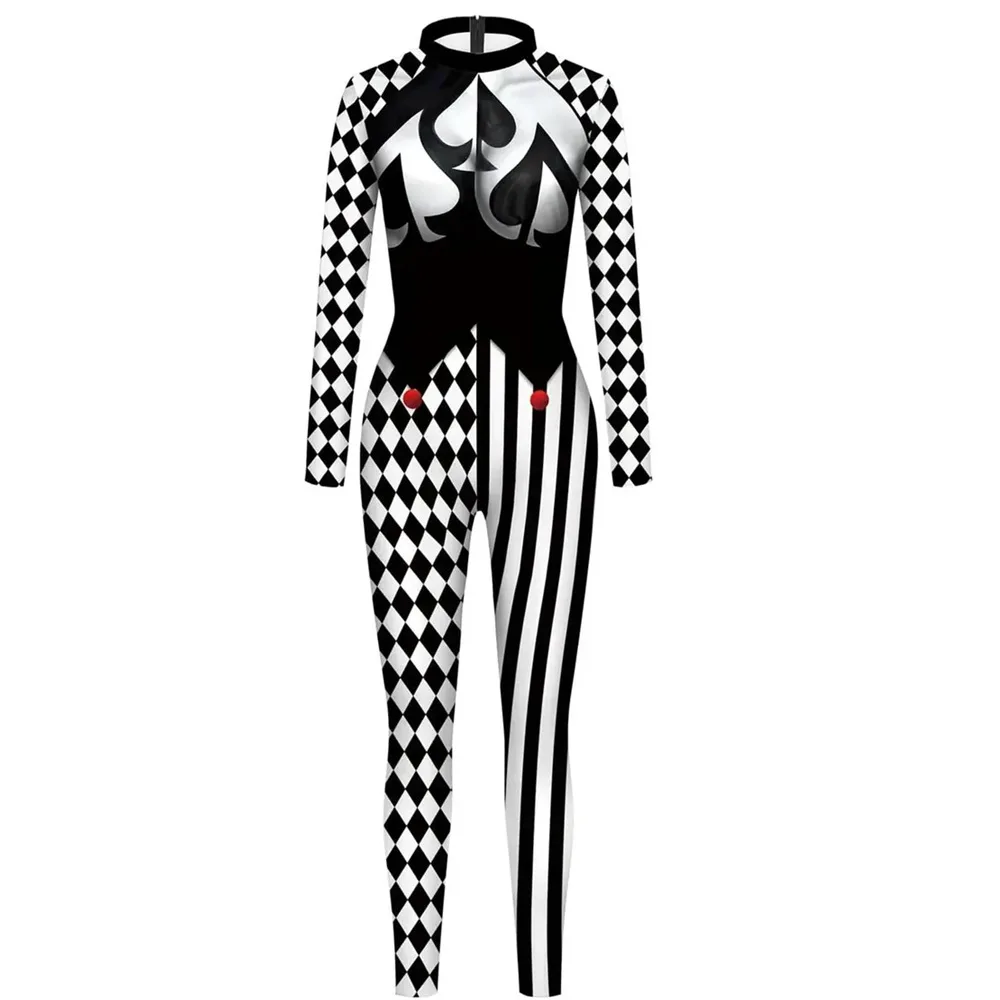 IOOTIANY Diamantgitter-Clown-Zentai-Jumpsuit, Spatenmuster-Gestreifter Zirkus-Bodysuit, Unregelmäßiges Bühnenkostüm für Halloween-Party-Aufführungen – Detail 5